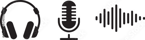 Audio technology icon set including headphones microphone and sound wave