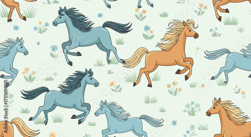 A herd of colorful horses running gracefully across a soft green field adorned with small wildflowers and buttercups.