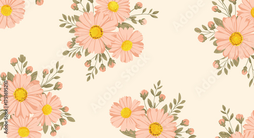 A gentle arrangement of delicate pink daisies with green foliage on a pale cream background.