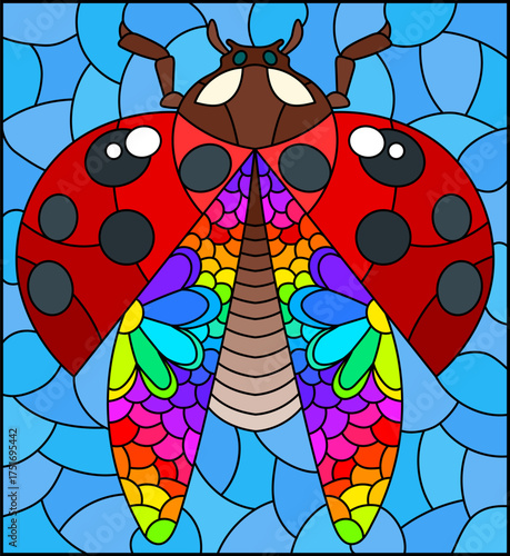 Stained glass illustration with an abstract bright ladybug on a blue background