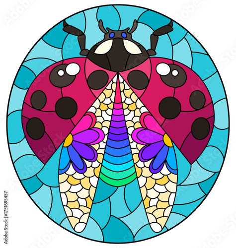 Stained glass illustration with an abstract bright ladybug on a blue background