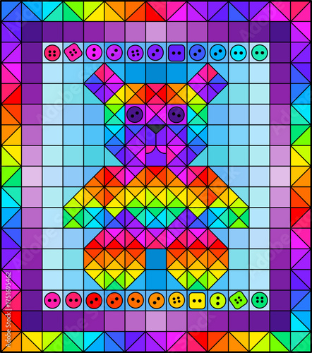Patchwork illustration with a bright teddy bear on a blue background with buttons and a frame