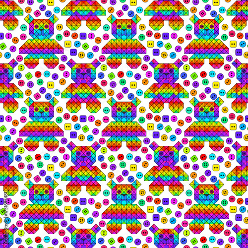 Seamless pattern with abstract geometric teddy bears, shapes and buttons on a white background