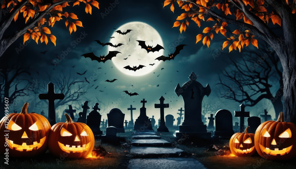 Fototapeta premium Haunting graveyard scene featuring glowing jack o lanterns, eerie bats flying, and full moon illuminating tombstones. Perfect for Halloween ambiance and spooky decorations