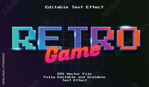 Retro arcade game text effect with neon gradient and 80s synthwave style. Editable EPS vector for video game titles, posters, and digital design.