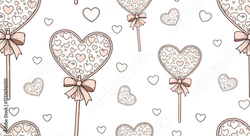 Delicate patterned heart shaped lollipops with bows on a white background.