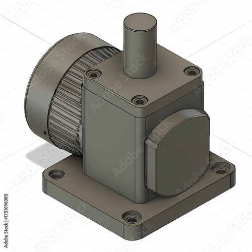 Isometric view of a detailed 3d rendered mechanical industrial gearbox design