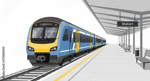 Modern train arriving at a clean station platform with seating, ready for passengers to embark on their journey by rail travel for business or leisure