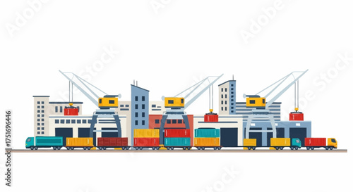 Dynamic harbor scene with cargo ships, container cranes and delivery trucks showcasing global trade and efficient logistics, ready for worldwide distribution
