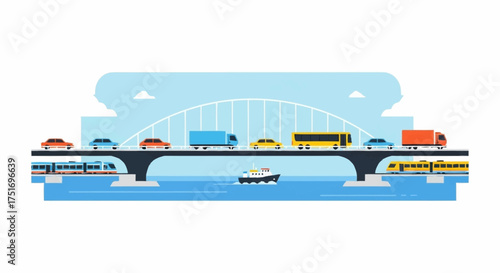 Dynamic transportation hub illustration with bridge, trains, cars, bus, truck, and boat for modern city planning and infrastructure projects