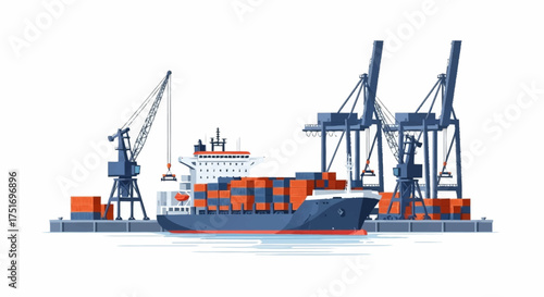 Dynamic cargo ship docked at port with loading cranes ready for global trade, ideal for illustrating supply chain logistics or international commerce concepts