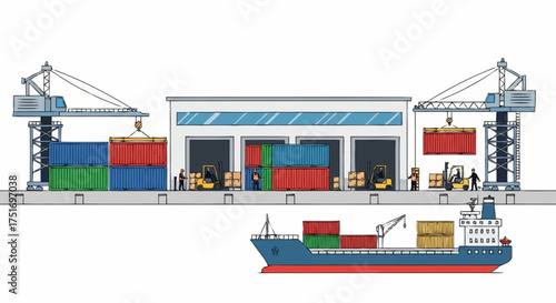 Efficient logistics scene with cargo ship, containers, forklifts and cranes working seamlessly in port, showcasing global trade and transportation network