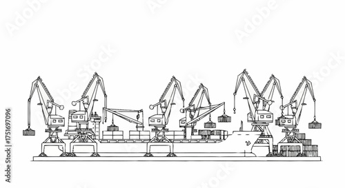 Modern outline illustration of harbor cranes loading cargo ship, perfect for logistics, shipping, and global trade themed designs and presentations