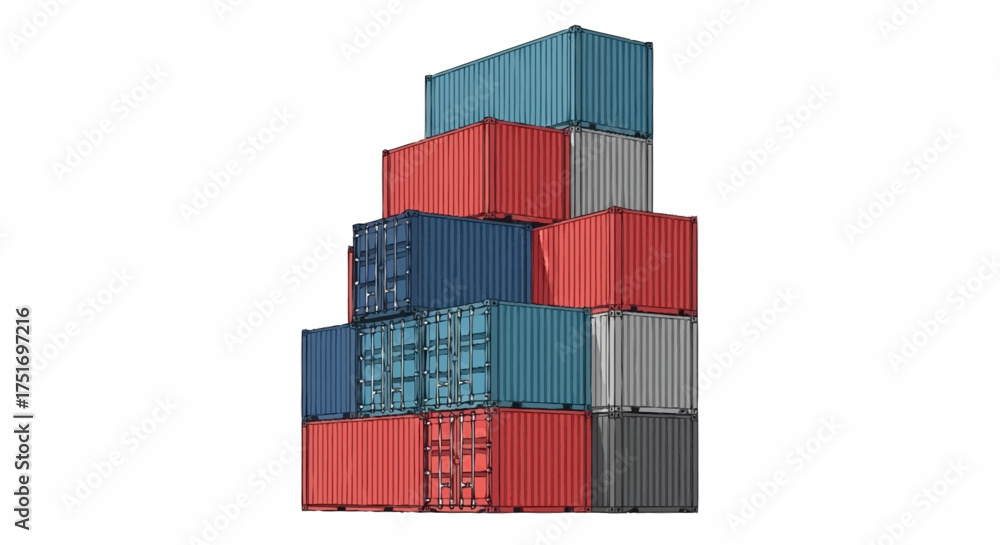 Fototapeta premium Stacked shipping containers create a colorful industrial pattern, perfect for illustrating global trade, supply chain solutions, and international commerce themes