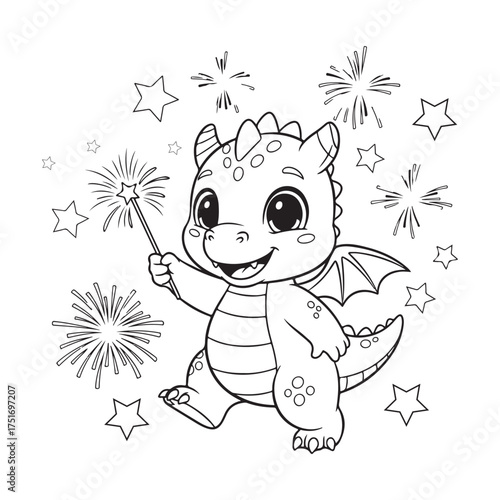 Happy baby dragon holding a sparkler with fireworks and stars around cute Dinosaur Coloring Page Dinosaur Coloring Book Dinosaur Coloring book