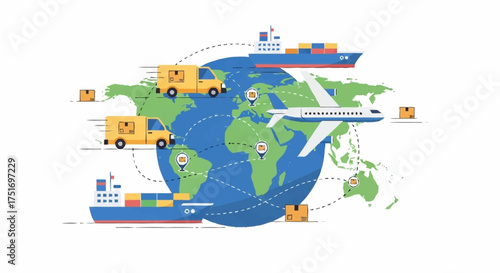 Streamlined global logistics with dynamic shipping routes via truck, plane, and cargo ship for worldwide distribution, connecting continents seamlessly