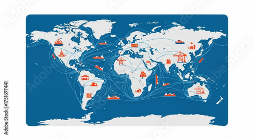Global logistics network connecting continents with vibrant shipping routes, showcasing international trade and supply chain management across the world