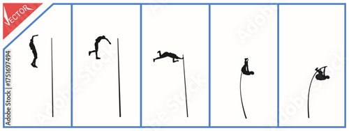 Pole vault silhouette illustration. Black and white background. Sports vector.
