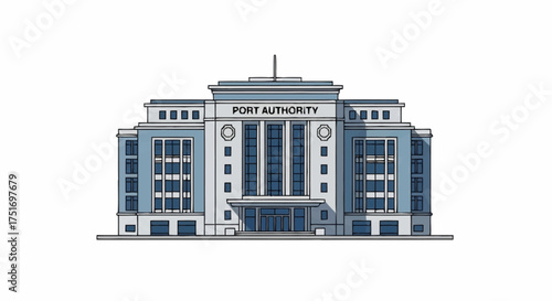 Detailed port authority headquarters illustration for architectural visualization and urban planning projects, featuring a modern design and clear lines