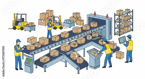 Efficient logistics operation with workers managing packages on conveyor belts and forklifts in a modern warehouse, optimizing supply chain processes