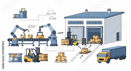 Streamlined logistics with automated robotic arms and forklifts for efficient shipping solutions at modern warehouse, showcasing supply chain management