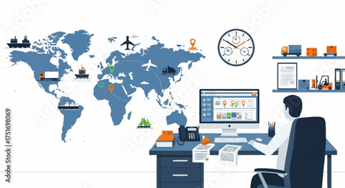 Global logistics manager oversees worldwide shipping routes with real-time tracking on modern computer for supply chain optimization and efficient delivery