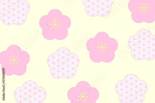 和風の梅の花模様と麻の葉柄が描かれたパステルカラーの背景イラスト　ピンク