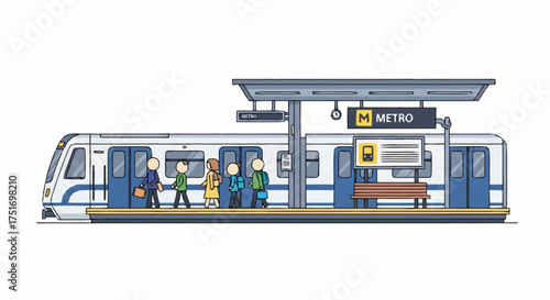 People boarding modern metro train at station platform for urban commute, perfect for transportation designs, city illustrations, and travel concepts