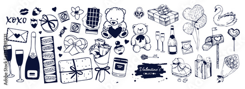 Hand drawn Fashion Illustration Romantic Objects and quote. Creative ink art work. Actual vector drawing of Holiday things. Happy Valentine's Day set and text BE MINE VALENTINE