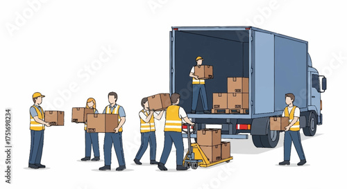 Efficient team unloading boxes from truck with pallet jack, perfect for illustrating logistics, delivery services, or commercial moving solutions