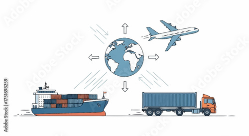Streamlined global logistics with cargo ship, truck, and plane connecting world markets for efficient international trade and fast delivery solutions
