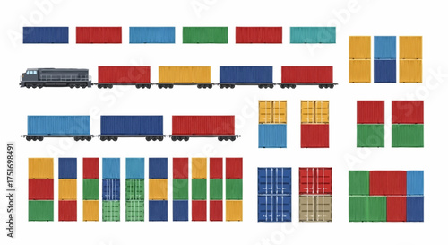 Colorful shipping containers and train cars ready for global commerce, ideal for supply chain, logistics, and freight concepts in vibrant colors