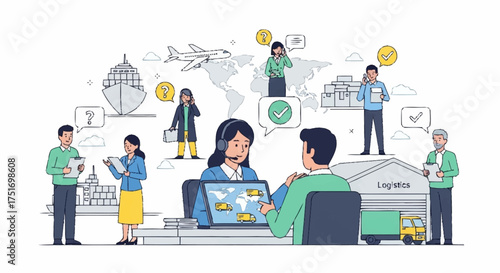 Modern global logistics network coordination with customer service and worldwide shipping via sea, air and land for efficient supply chain solutions