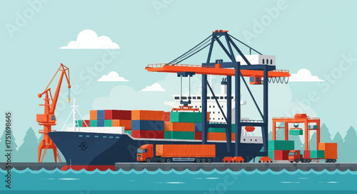 Efficient logistics at harbor with cargo ship and trucks, showcasing global trade and supply chain management for business and industry solutions