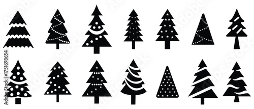 Silhouette Christmas tree icon vector. Holiday design elements set.  X-mas sign symbol, fir tree silhouettes. Vector illustration.