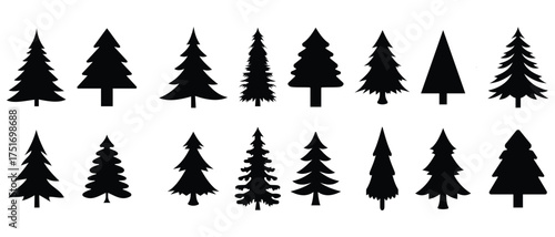 Christmas tree icon. Holiday design elements set.  X-mas sign symbol, fir tree silhouettes. Vector illustration.