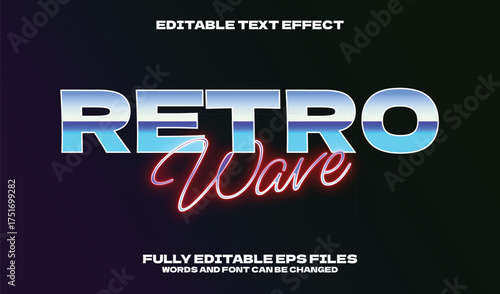 Retro wave text effect in 80s synthwave style with chrome gradient and neon glow. Editable EPS vector for poster, title, or vintage design.