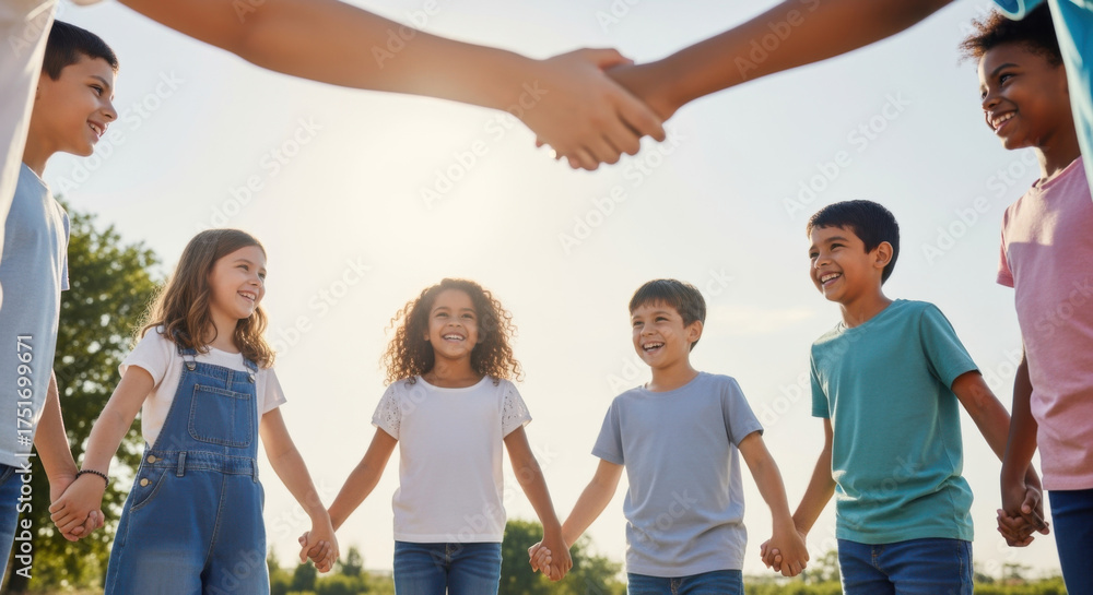Obraz premium Group of diverse children holding hands in a circle, symbolizing unity and friendship under a bright sky.