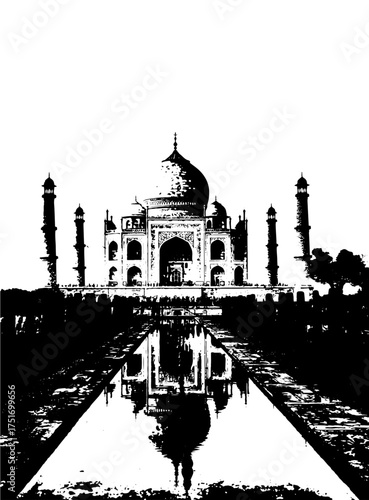 Stunning monochrome rendering of the Taj Mahal reflecting in water, evoking peace and timeless beauty for travel brochures, cultural promotions, or historical documentaries