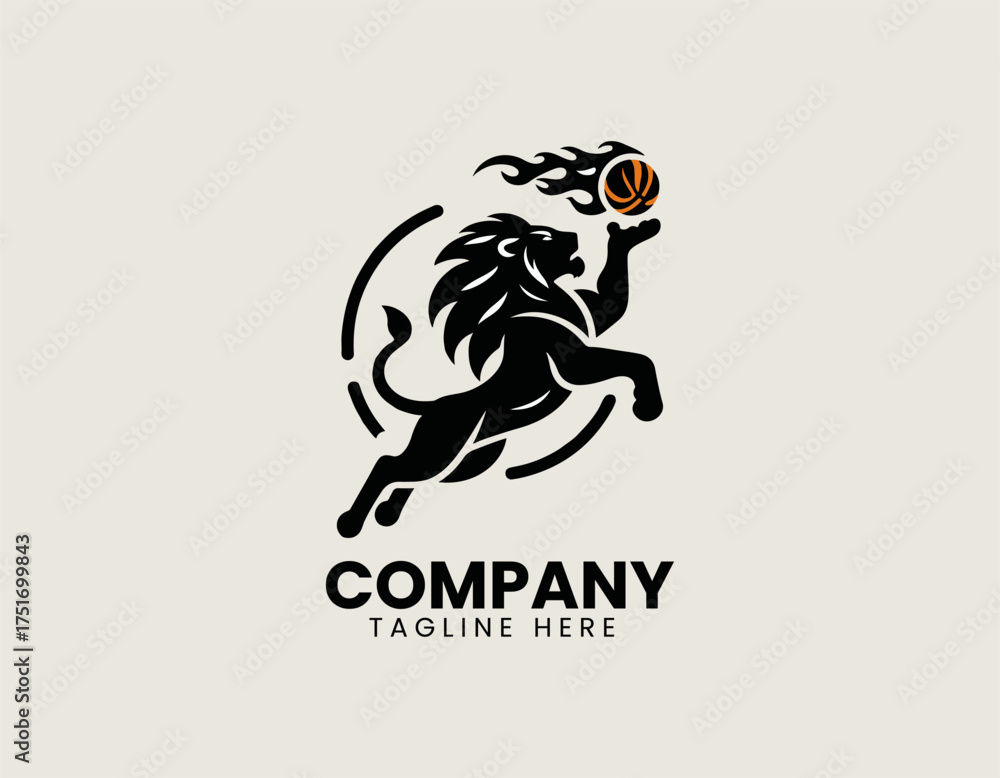 Fototapeta premium Black silhouette lion holding flaming basketball vector logo illustration symbolizing power and strength