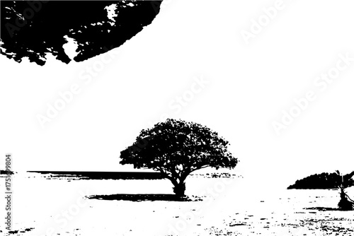 Serene silhouette of a lone tree standing tall on the horizon, evoking peace, simplicity, and resilience, perfect for nature lovers and inspirational designs, originally a vector graphic