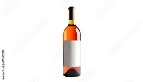 Amber wine bottle with a blank white label, isolated on black