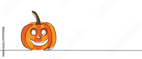 jack o lantern halloween pumpkin symbol sign, One continuous line drawing for Poster, banner, background with lettering, Doodle outline, orange carving pumpkin gourd Outline Art illustration festival