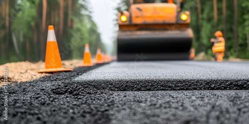 A construction scene showing a road being paved with asphalt, featuring traffic cones and a road roller in a forested area.