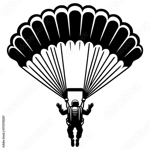 silhouette of sky diver with open parachute landing black vector icon with transparent background 