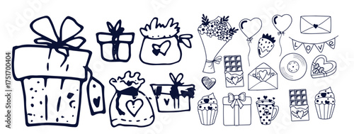 Hand drawn Fashion Illustration Romantic Objects and quote. Creative ink art work. Actual vector drawing of Holiday things. Happy Valentine's Day set and text BE MINE VALENTINE