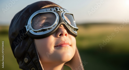 A young child wearing aviator goggles and a leather cap looks up towards the sky.