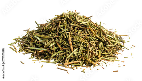 Dried, fragmented rosemary pile on a dark background