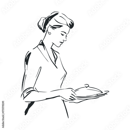 Elegant woman serving food in a classic kitchen setting. Vector hand drawn illustration