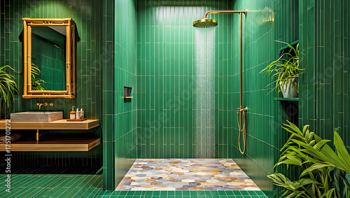 Contemporary Bathroom with Green Tile and Rainfall Shower interior isolated on a transparent background